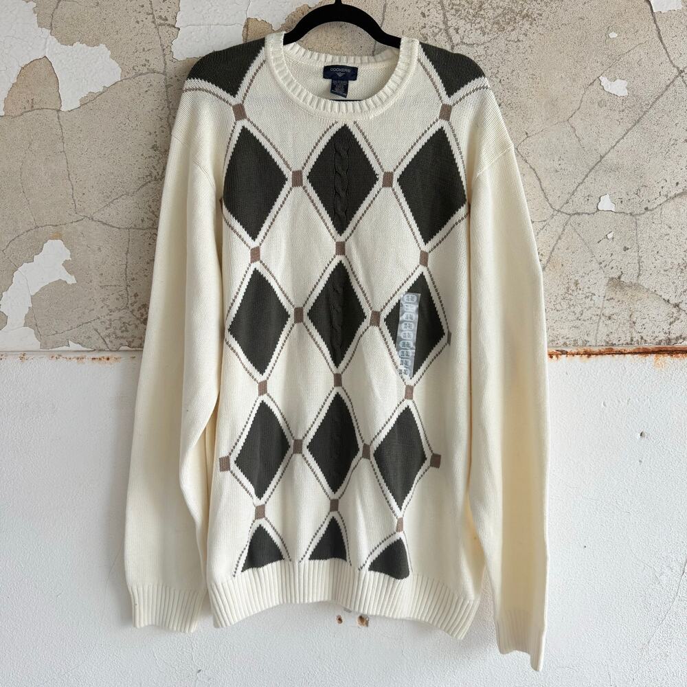 Vtg Grandpa Sweater Dockers Argyle Diamond Cream Green 2XL Tall Hong Kong NWT